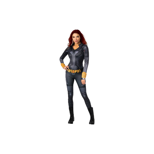 Women’s deluxe black and grey Black Widow-inspired costume in size L, featuring a sleek jumpsuit and utility belt.

