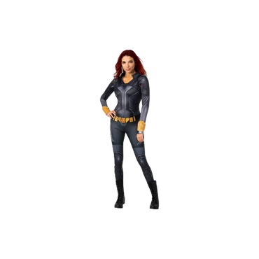 Women’s deluxe black and grey Black Widow-inspired costume in size L, featuring a sleek jumpsuit and utility belt.

